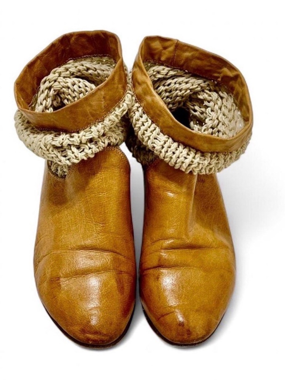 Women's Tan Leather Fold-Over Ankle Boots with Knit Cuff